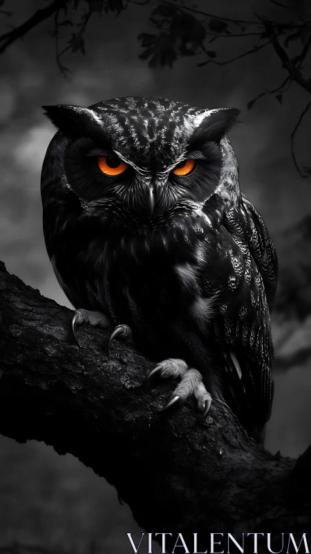 Nocturnal horned owl with vivid orange eyes in chiaroscuro.