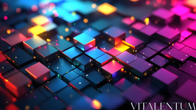 Vibrant 3D geometric cubes with glowing neon lights, digital art.