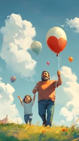 Adult and child holding colorful balloons in open field