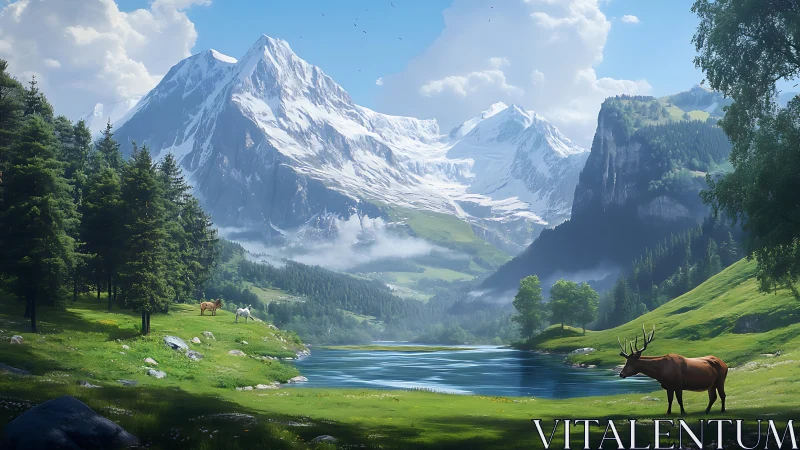 Snowcapped alpine peaks reflect over tranquil forest lake.