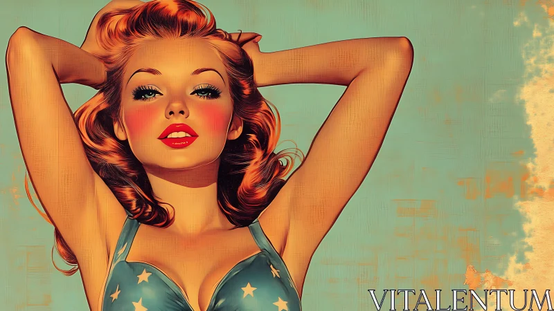Retro pinup portrait in teal star bikini, bold glamour.