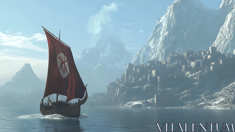 Digital painting of Viking longship before icy mountain citadel.