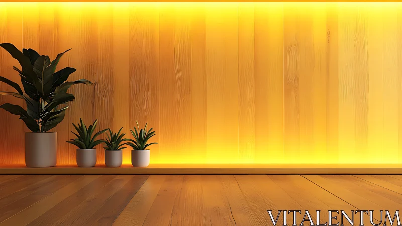 Potted plants against warm backlit wooden wall interior