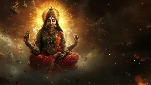 Divine goddess in radiant cosmic meditation over ruins.