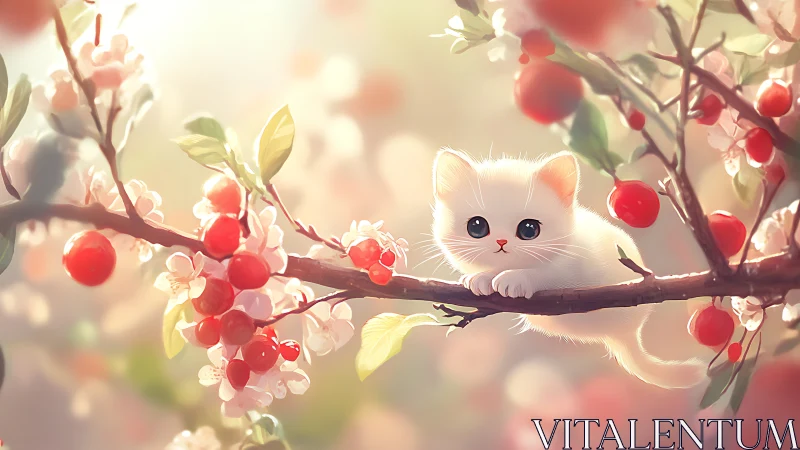 White Kitten Perched Among Flowering Branches and Red Berries