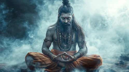 Mystic robed man meditating in smoke filled atmospheric scene.