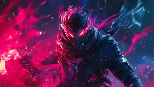 Ember-eyed shadow strides through neon inferno night