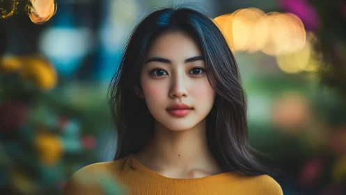 Soft evening portrait in dreamy garden bokeh light.