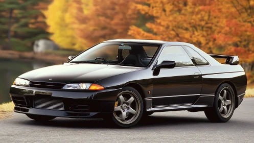 Glossy black sports coupe parked by vivid autumn foliage.