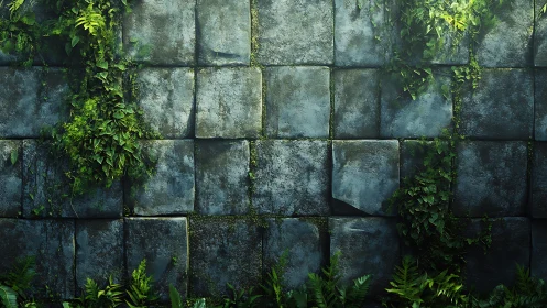 Ancient stone wall fades under creeping green foliage.