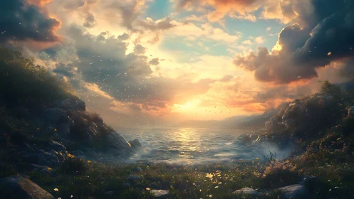 Golden sunset opens a peaceful path across a glowing sea