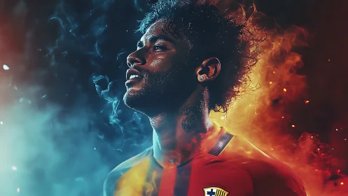 Digital portrait depicts footballer in dual-color smoke field