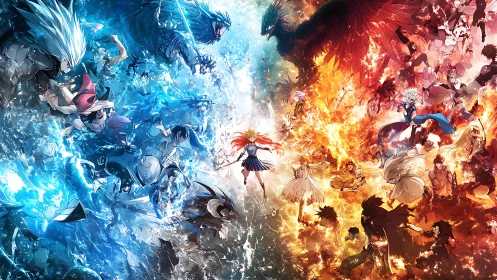 Symmetrical anime conflict with opposing fire and water forces.
