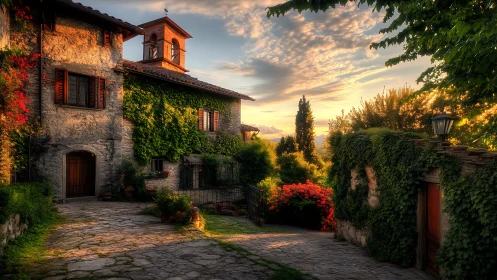 Golden-hour ivy glows over a quiet stone village lane