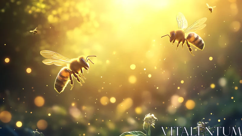 Sunlit honeybees drift through glittering summer air