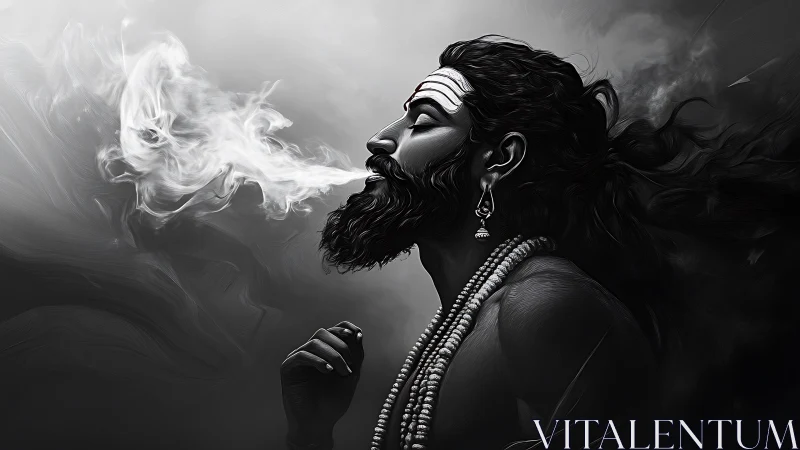 Mystic sage exhales swirling smoke into shadowed silence.