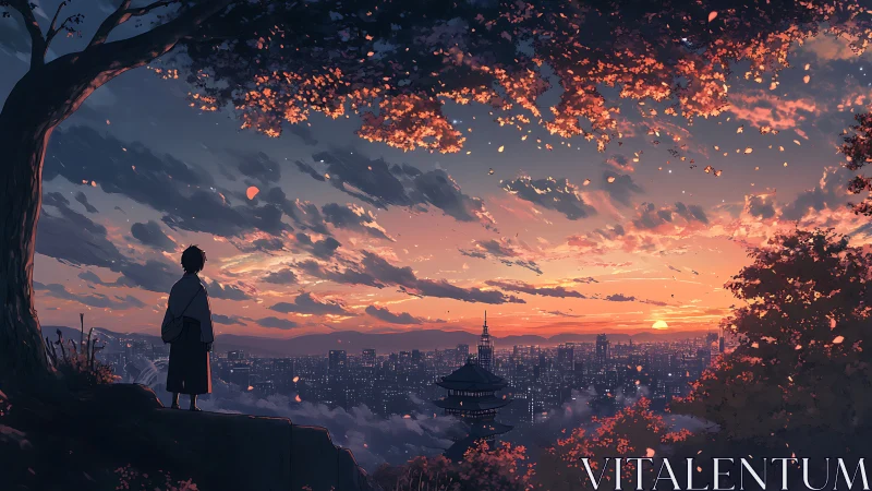 Quiet sunset lookout over a softly glowing city skyline.