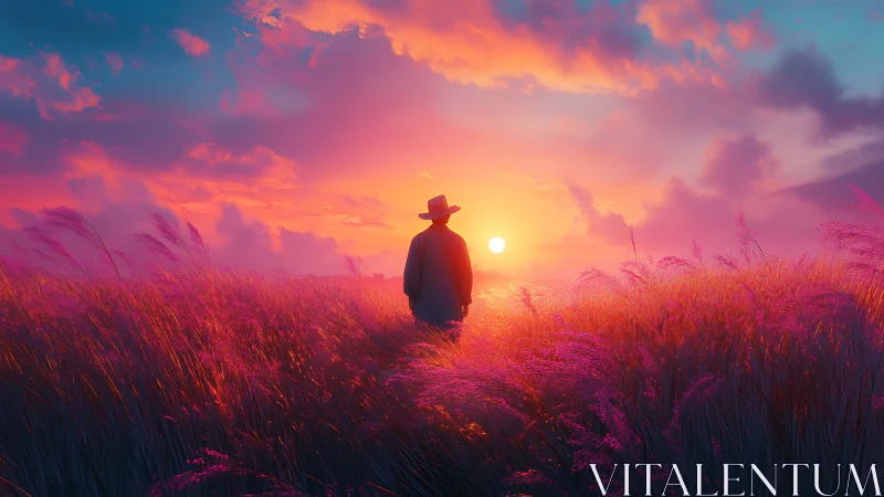 Solitary wanderer walks into a neon dreamlike sunset field
