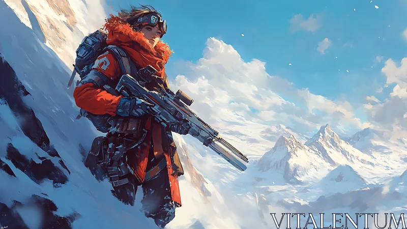 Armed Figure in Snow-Covered Alpine Terrain