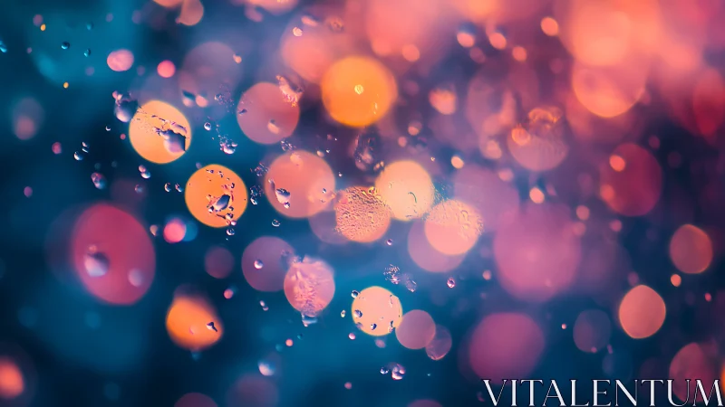 Colorful bokeh lights and water droplets on dark surface.