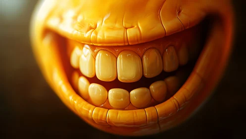 Glowing golden grin with playful, oversized cartoon teeth.