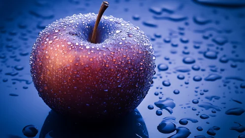 Macro hydrophilic red apple with specular water droplets.