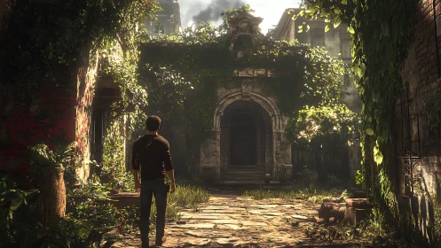 Explorer approaches overgrown courtyard and stone archway.