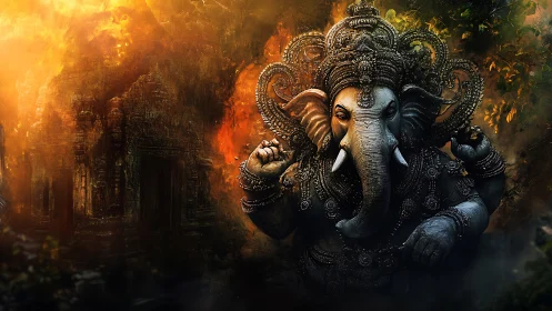 Detailed Ganesha sculpture before ruins in fiery light.