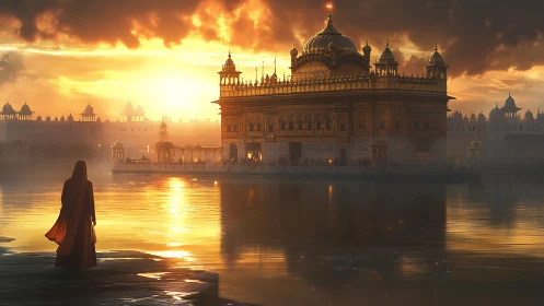 Sunlit temple reflection unites monumental architecture and mist