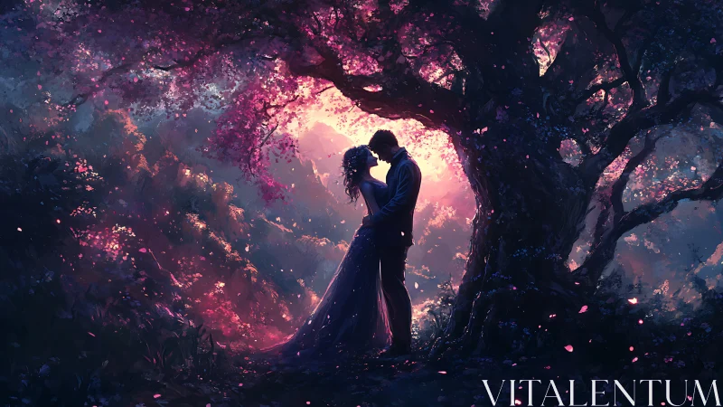 Silhouetted couple kissing beneath glowing pink blossoms in mystical forest tunnel.