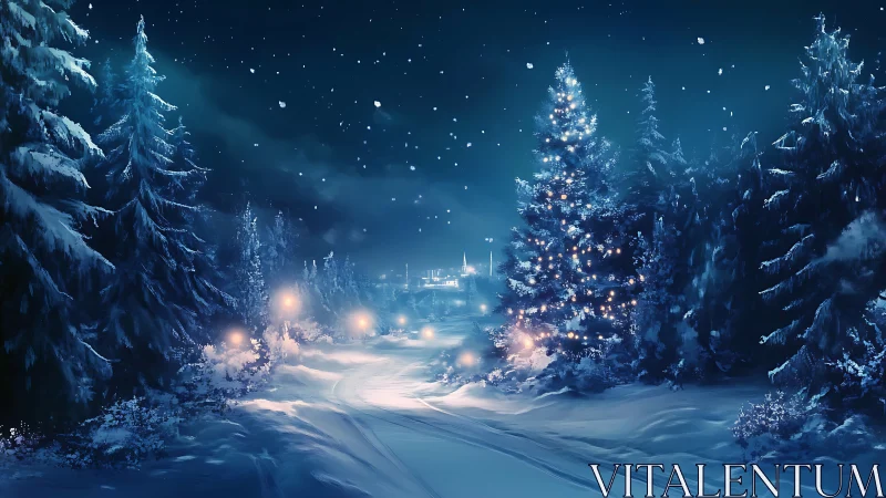 Snowlit forest lane wrapped in gentle winter starlight.