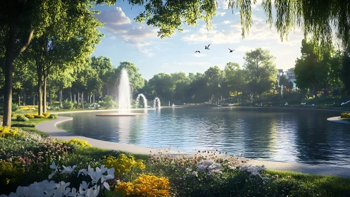 Sunlit urban park lake with central fountain and lush borders.