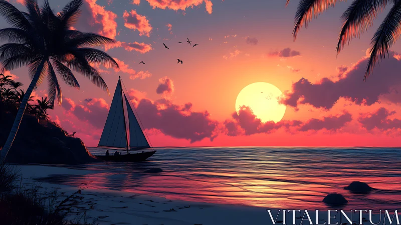 Digital painting sunset seascape with silhouetted sailboat and palms.