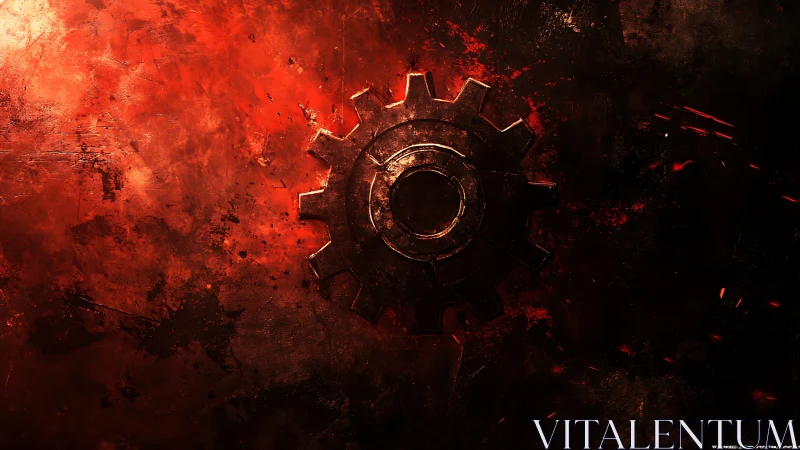 Burning gear emblem glowing in a storm of molten red light.
