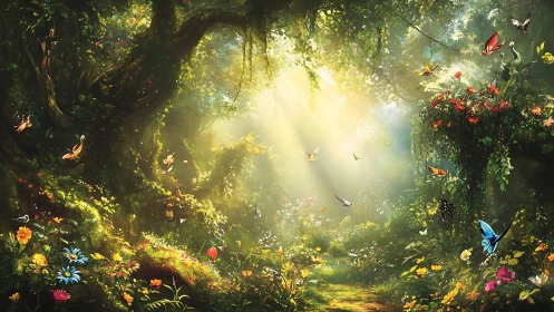Sunlit forest glade where butterflies turn light to music.
