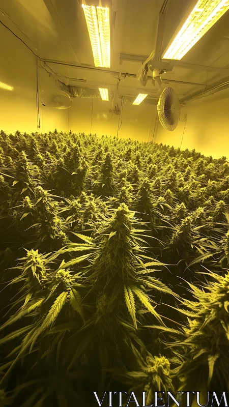 Dense indoor cannabis canopy under warm grow lights.