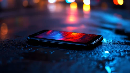 Smartphone displaying fluid red-blue gradient wallpaper on wet surface