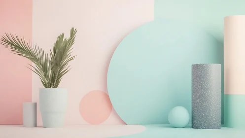 Minimal pastel still life with plant and geometric forms.