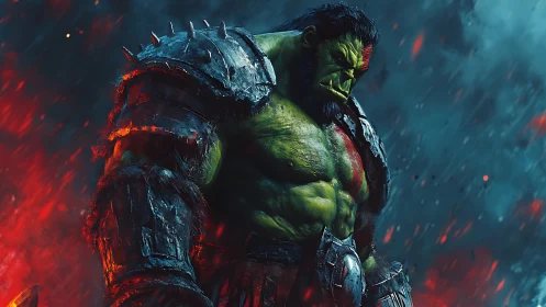 Battle-scarred green orc warrior in spiked plate armor, smoldering