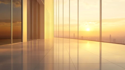 Golden city sunrise pours into a quiet glass office space