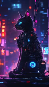 Cybernetic black cat sits wired in neon city nightscape
