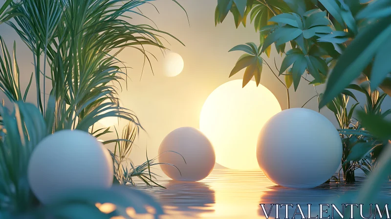Gentle glowing orbs rest in a dreamy tropical sunrise cove