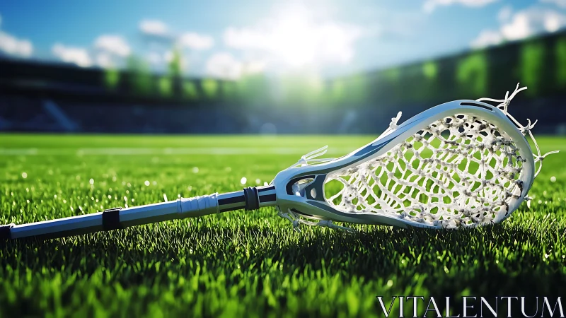 Sunlit lacrosse stick resting on emerald stadium turf hush.