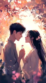 Sun-dappled lovers trading a single flower’s quiet promise.