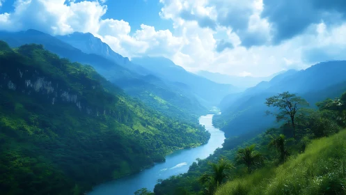 Sunlit river winds through misty emerald mountain valley