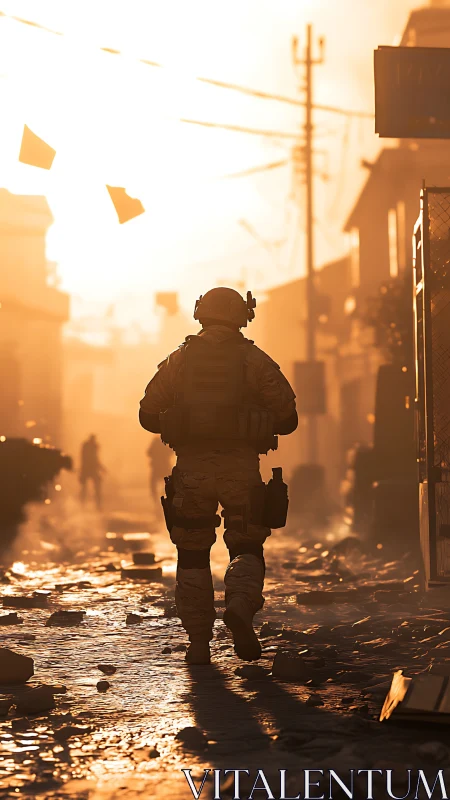 Soldier walks through sunlit war-torn street in golden haze