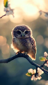 Small owl perches on blossoming branch in soft evening backlight