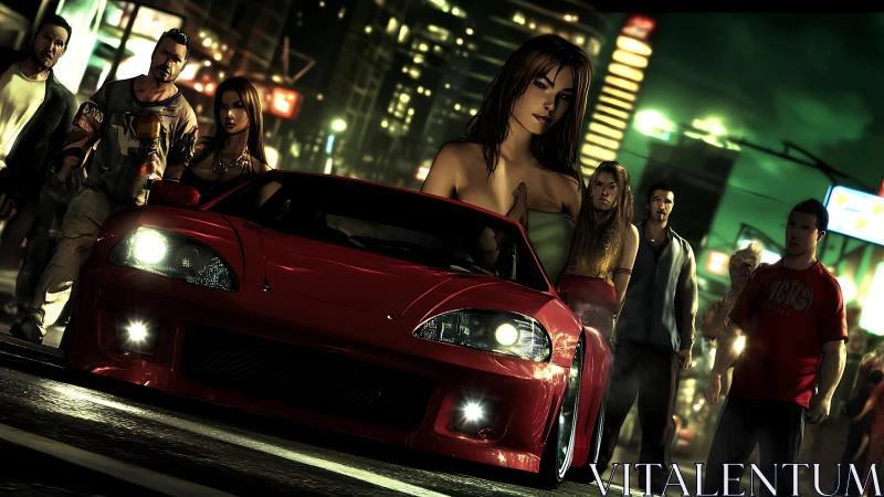 Street racing tableau with red tuner car and stylized crowd lighting