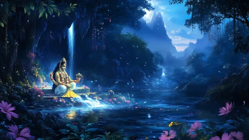 Divine figure meditating by moonlit forest waterfall pond.