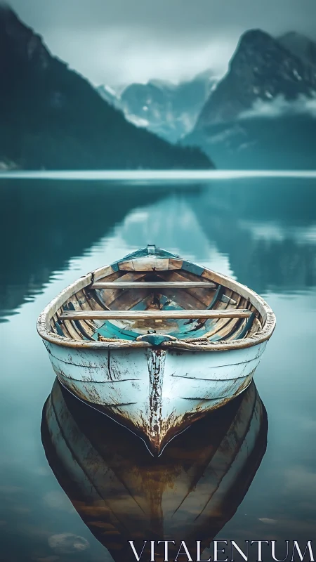 Weathered wooden rowboat anchors serene alpine lake scene